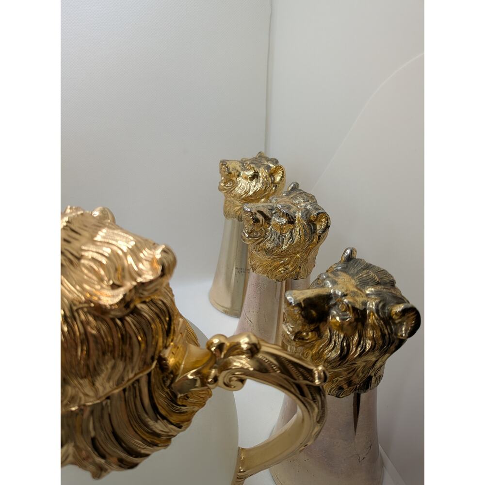 Carole Stupell Gold Lion Head Pitcher & 7 Stirrup Cups – Mid-Century Bar Set - Picture 15 of 16